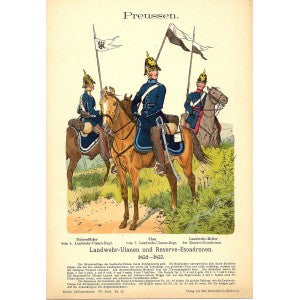 Prussian Ulan Squadron cavalry in antique print