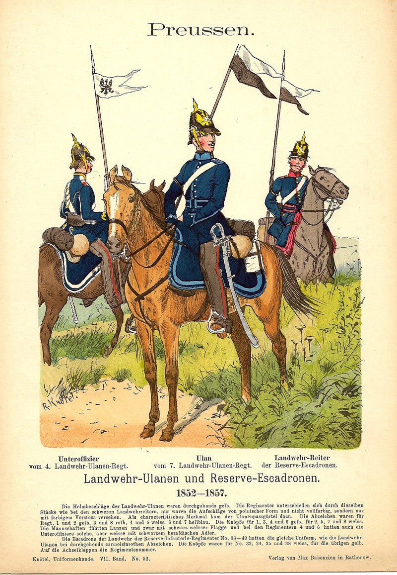 Prussian Ulan Squadron cavalry in antique print