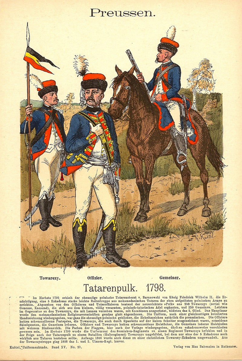 Prussian Tatarenpulk cavalry in 1798 uniforms antique print 1908