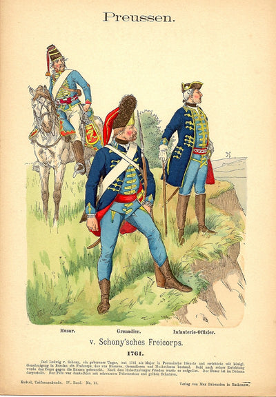 Prussian Freicorps wearing uniforms worn in 1761 antique print 1893