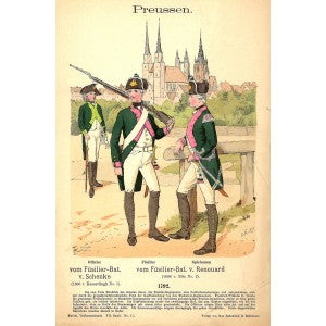 Prussian Fusiliers wearing 1792 uniforms antique print published 1896