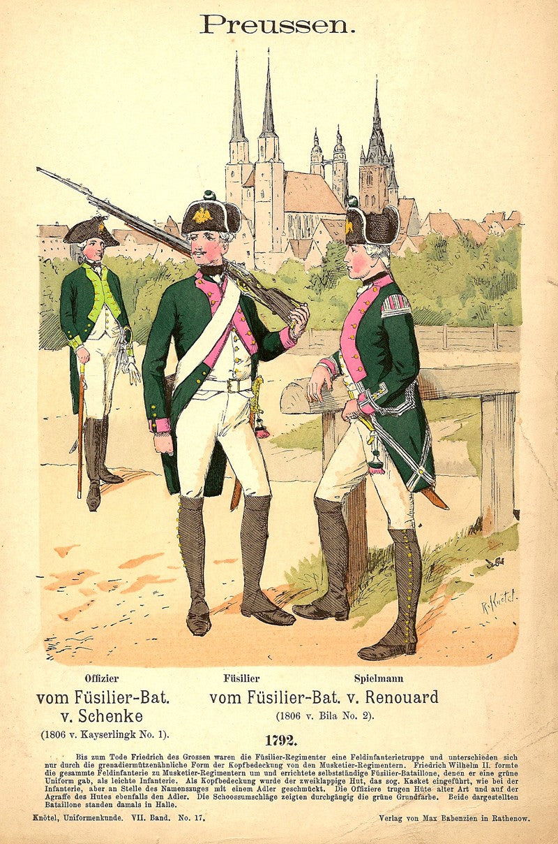 Prussian Fusiliers wearing 1792 uniforms antique print published 1896
