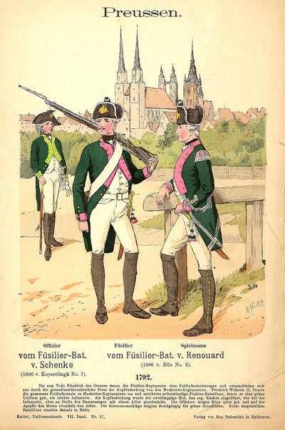 Prussian Fusiliers wearing 1792 uniforms antique print published 1896