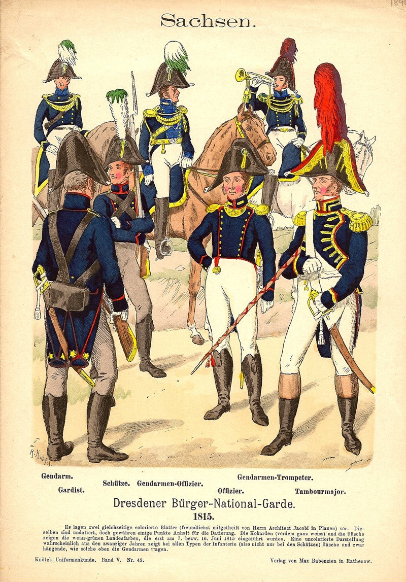 Saxony National Guard uniforms in 1815 antique print  published 1894