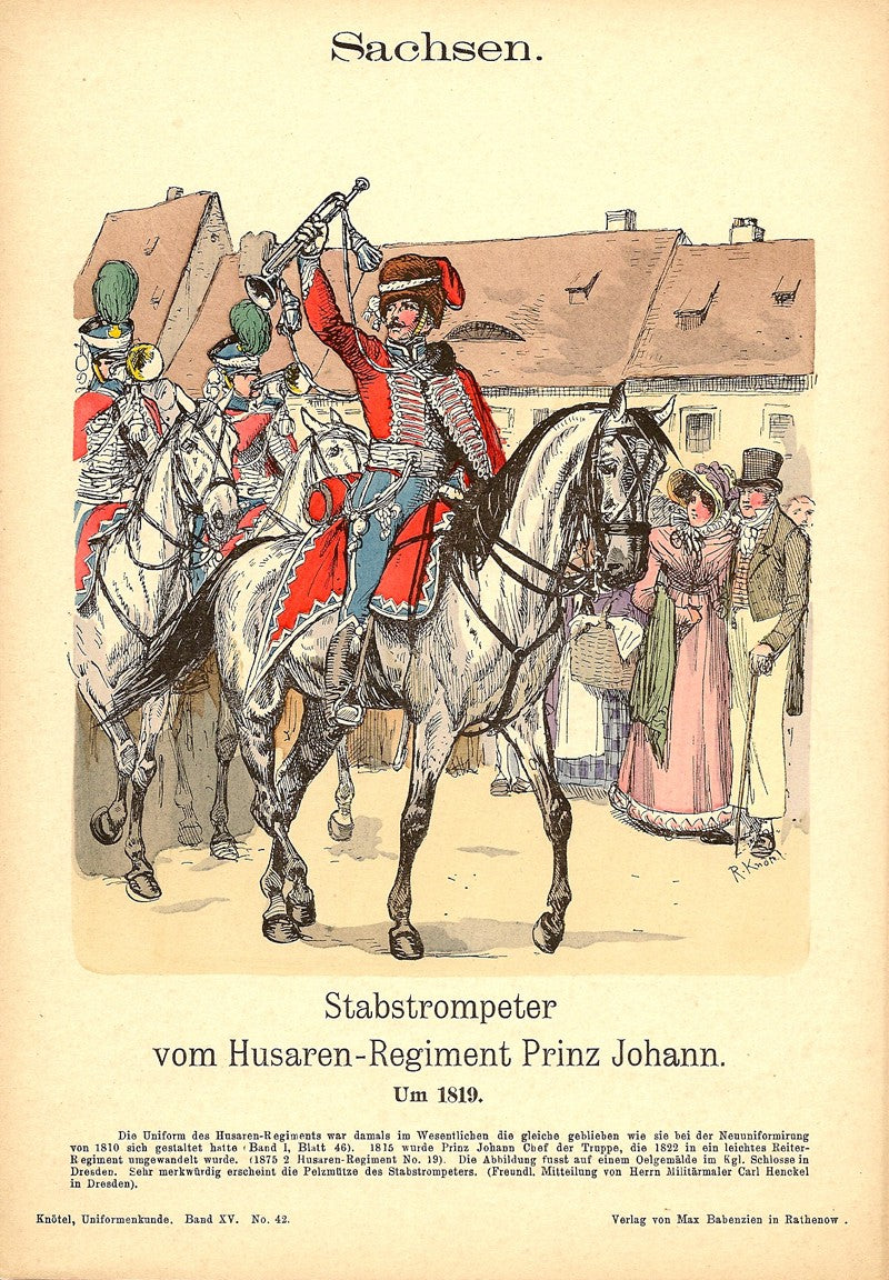 Sachsen Hussars trumpeter Richard Knotel antique print 1908
