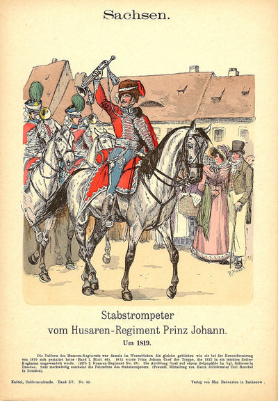 Sachsen Hussars trumpeter Richard Knotel antique print 1908