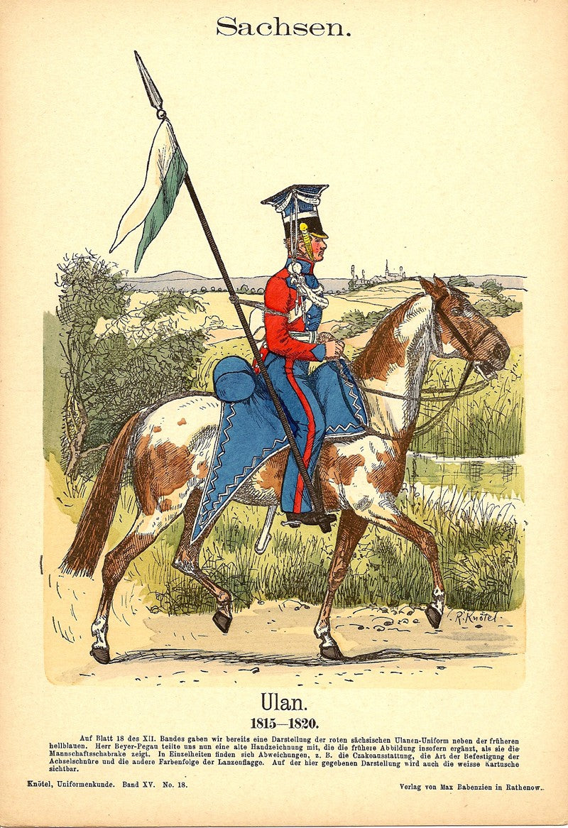 Saxon lancer Sachsen Ulan in 1815-1820 uniform antique print 1908