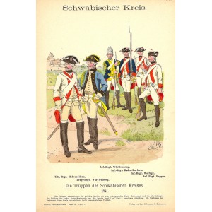 Swabian soldiers infantry & dragoons in 1781 uniforms antique print 1895