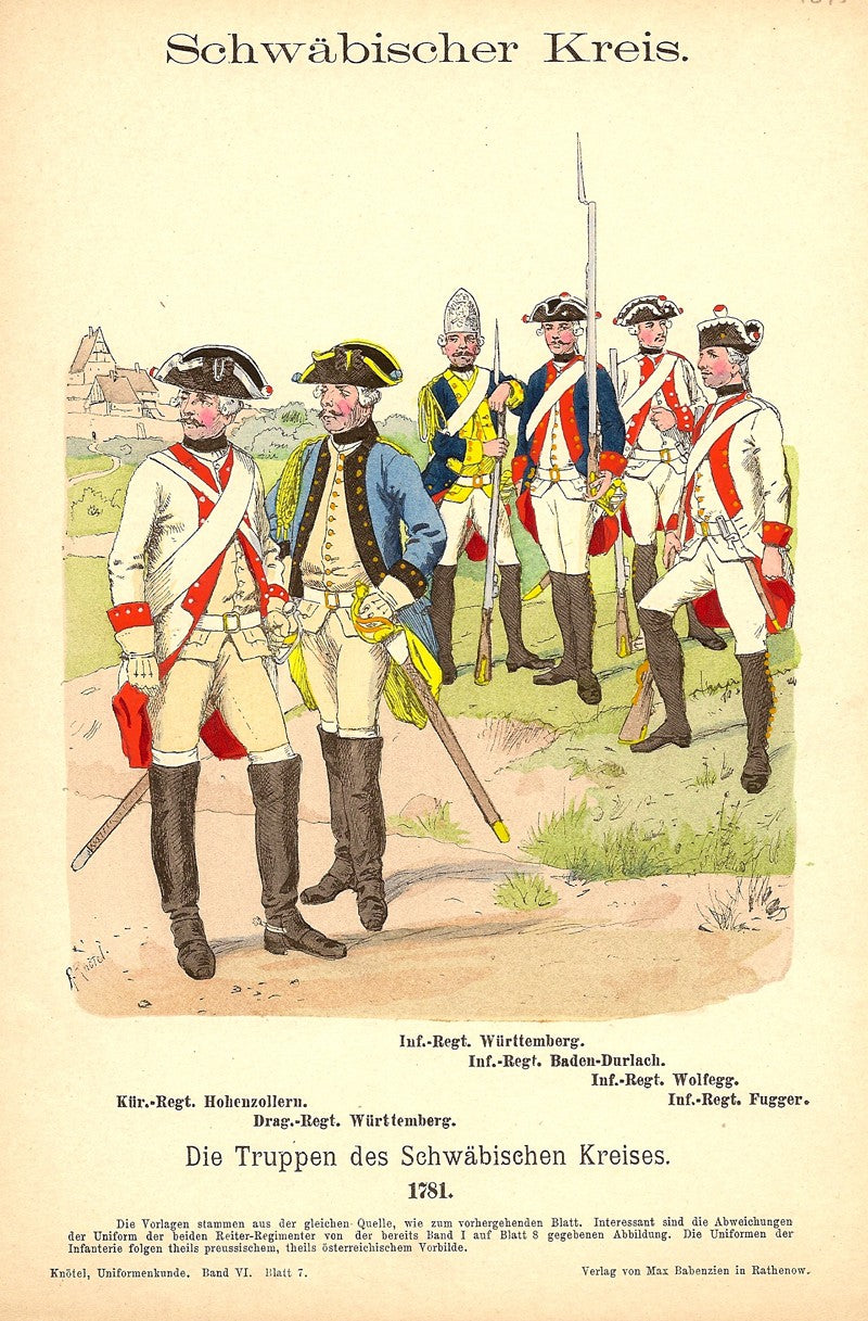 Swabian soldiers infantry & dragoons in 1781 uniforms antique print 1895