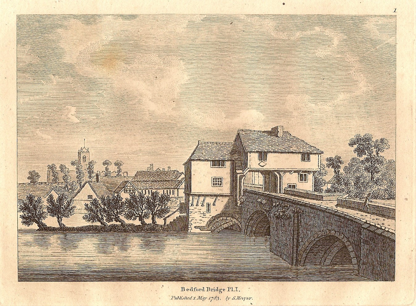 Bedford Bridge over River Ouse Bedfordshire antique print 1783