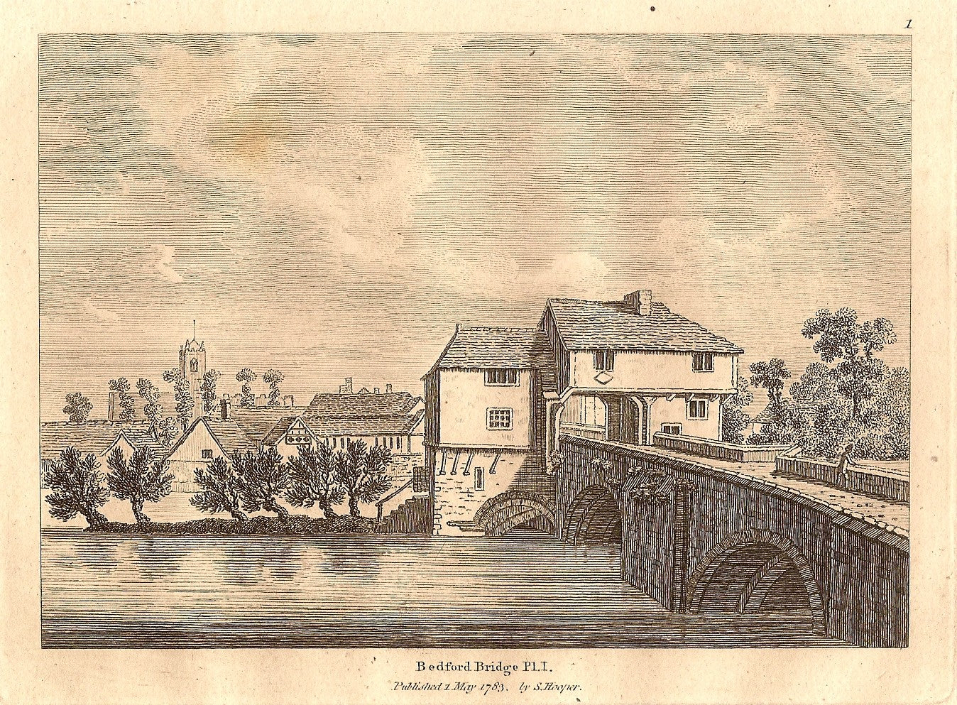 Bedford Bridge over River Ouse Bedfordshire antique print 1783
