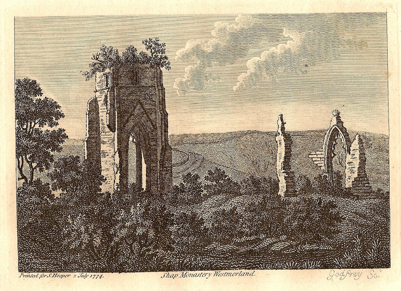 Shap Abbey Monastery Westmorland antique print 1774