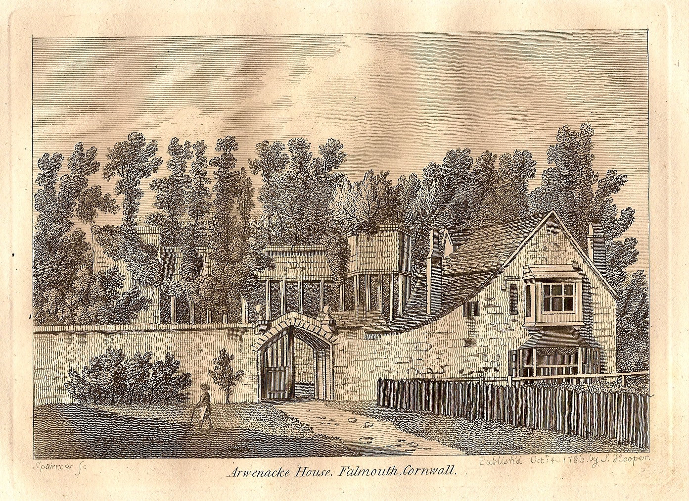 Arwenacke House Falmouth Cornwall antique print 1786