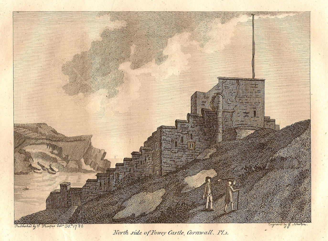 Fowey Castle Cornwall antique print 1786