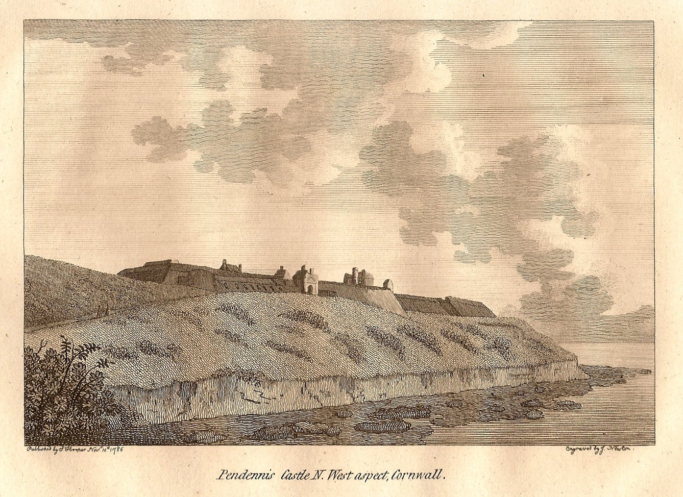 Pendennis Castle Cornwall antique print 1786