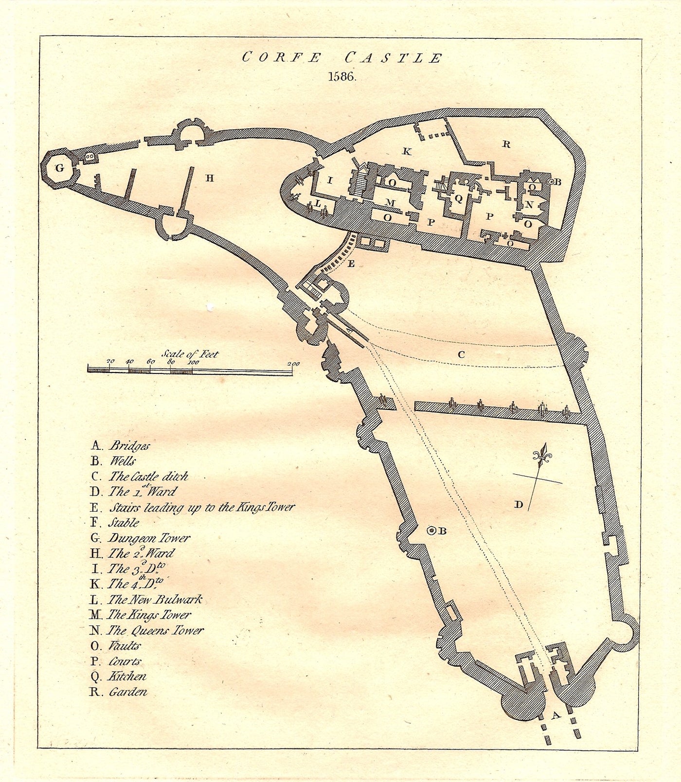 Corfe Castle Dorset antique ground-plan