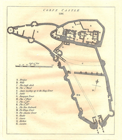 Corfe Castle Dorset antique ground-plan