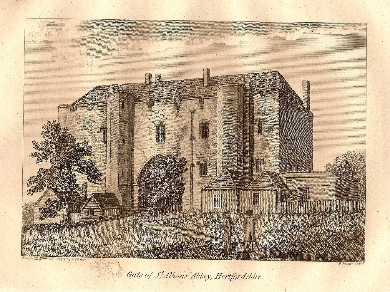 St Albans Abbey Gate Hertfordshire antique print 1787