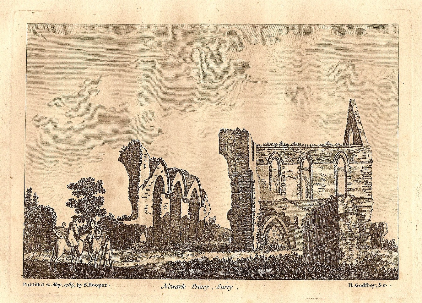 Newark Priory Surrey antique print