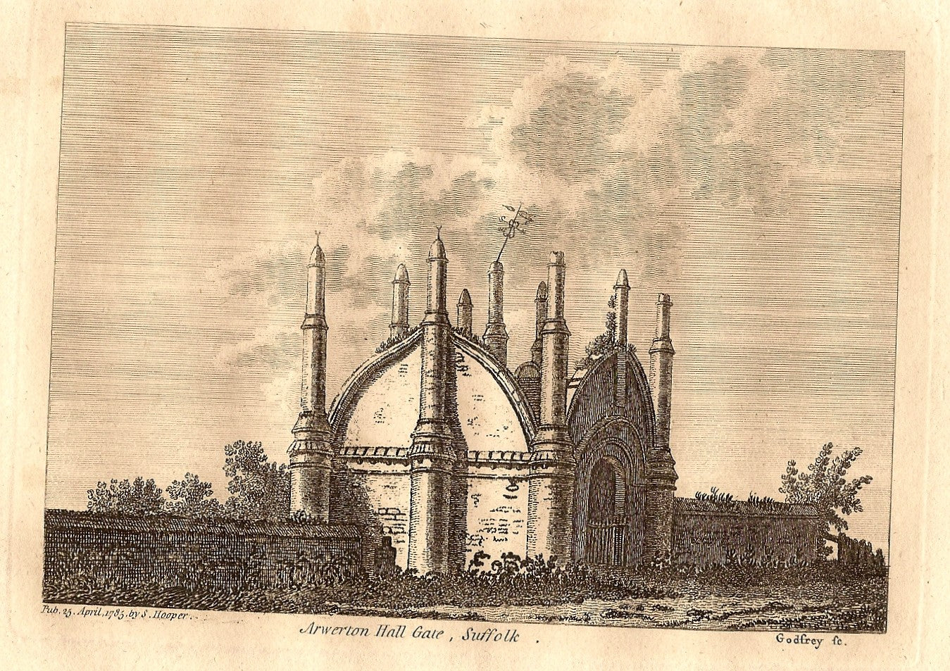 Erwerton Hall Gate Suffolk antique print 1785