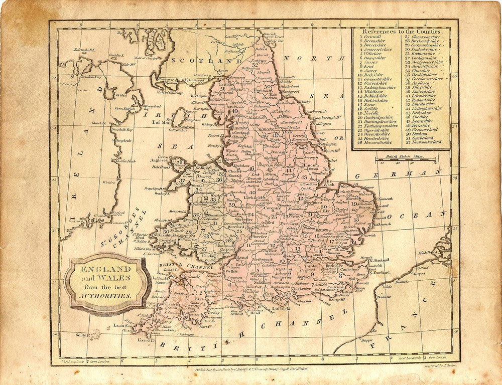 England & Wales antique map published 1807 2