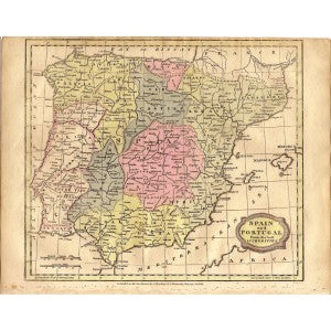 Spain & Portugal antique map 1814