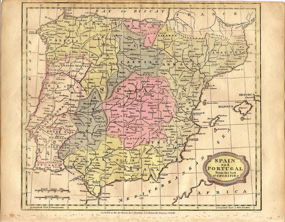 Spain & Portugal antique map 1814
