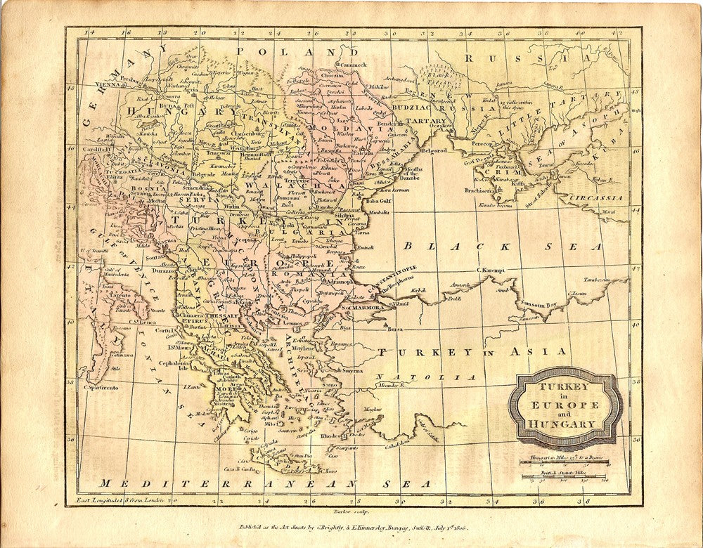 Turkey & Hungary antique map 1806