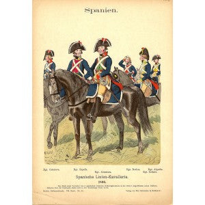 Spanish Cavalry uniforms in 1806 antique print published 1896