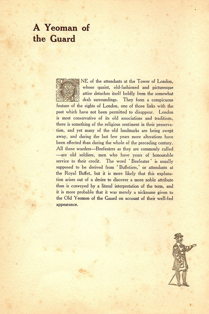 Beefeater at the Tower of London antique print published in 1914