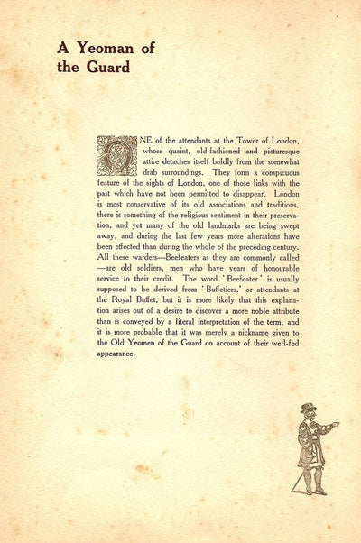 Beefeater at the Tower of London antique print published in 1914
