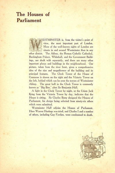 Houses of Parliament London antique print 1914