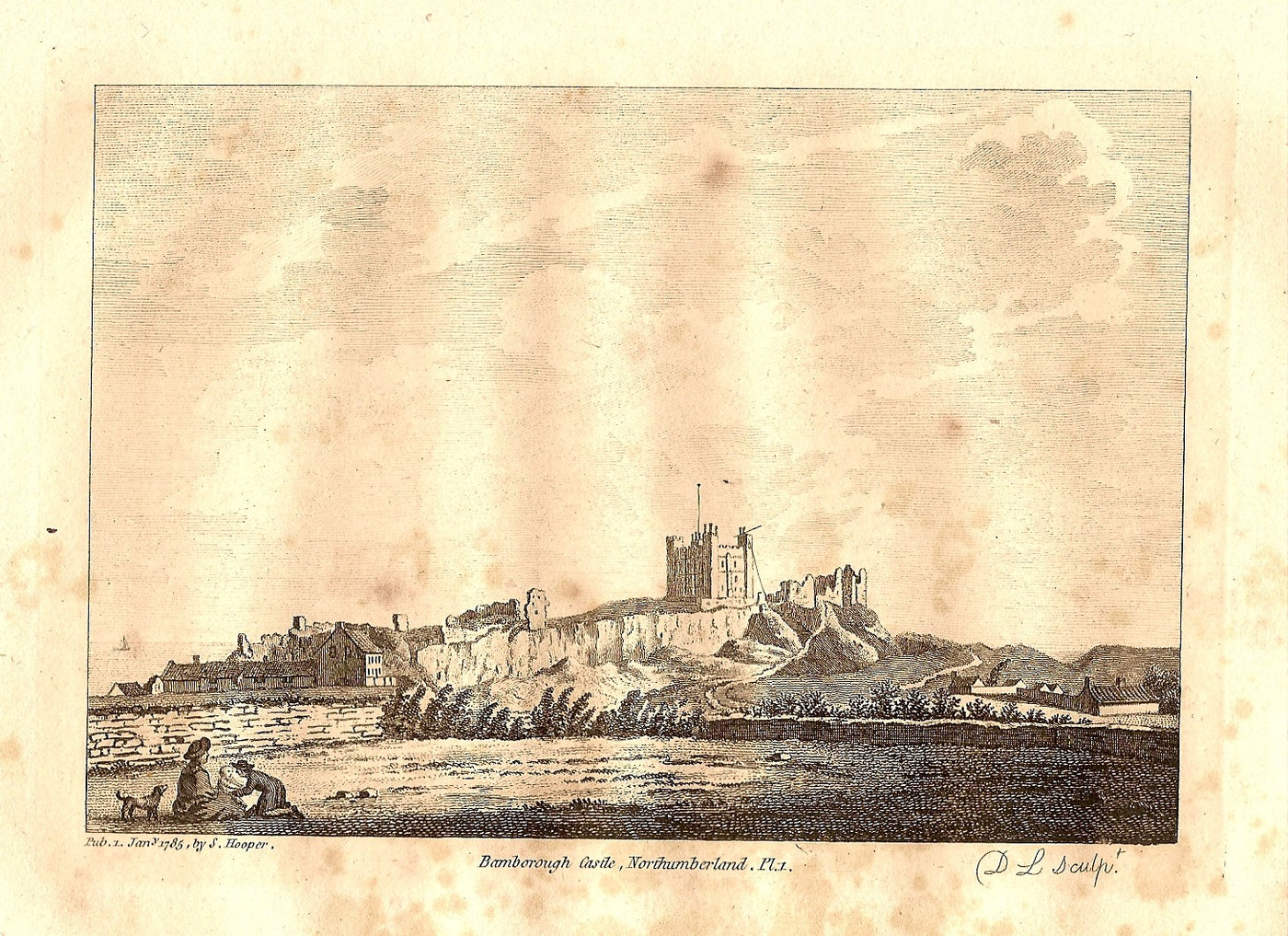 Bamburgh Castle Northumberland original antique print dated 1785