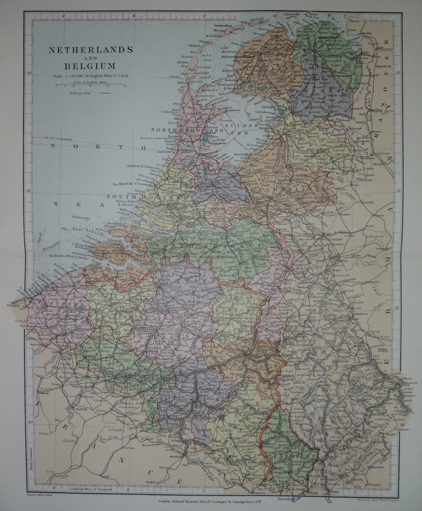 Netherlands & Belgium antique map 1894