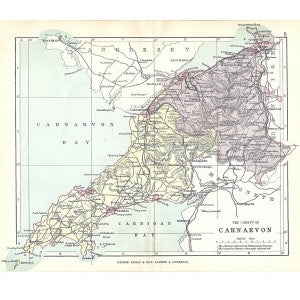 Carnavon Wales original antique map published c.1885