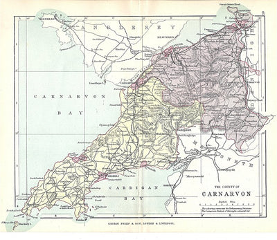 Carnavon Wales original antique map published c.1885