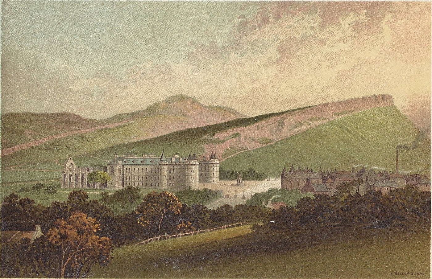 Holyrood Palace Arthur's Seat Salisbury Crags Edinburgh antique print 1889