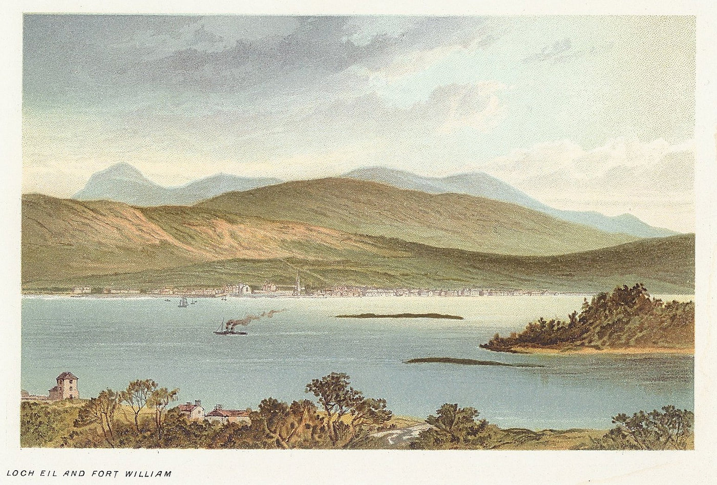 Loch Eil and Fort William Scotland antique print 1889