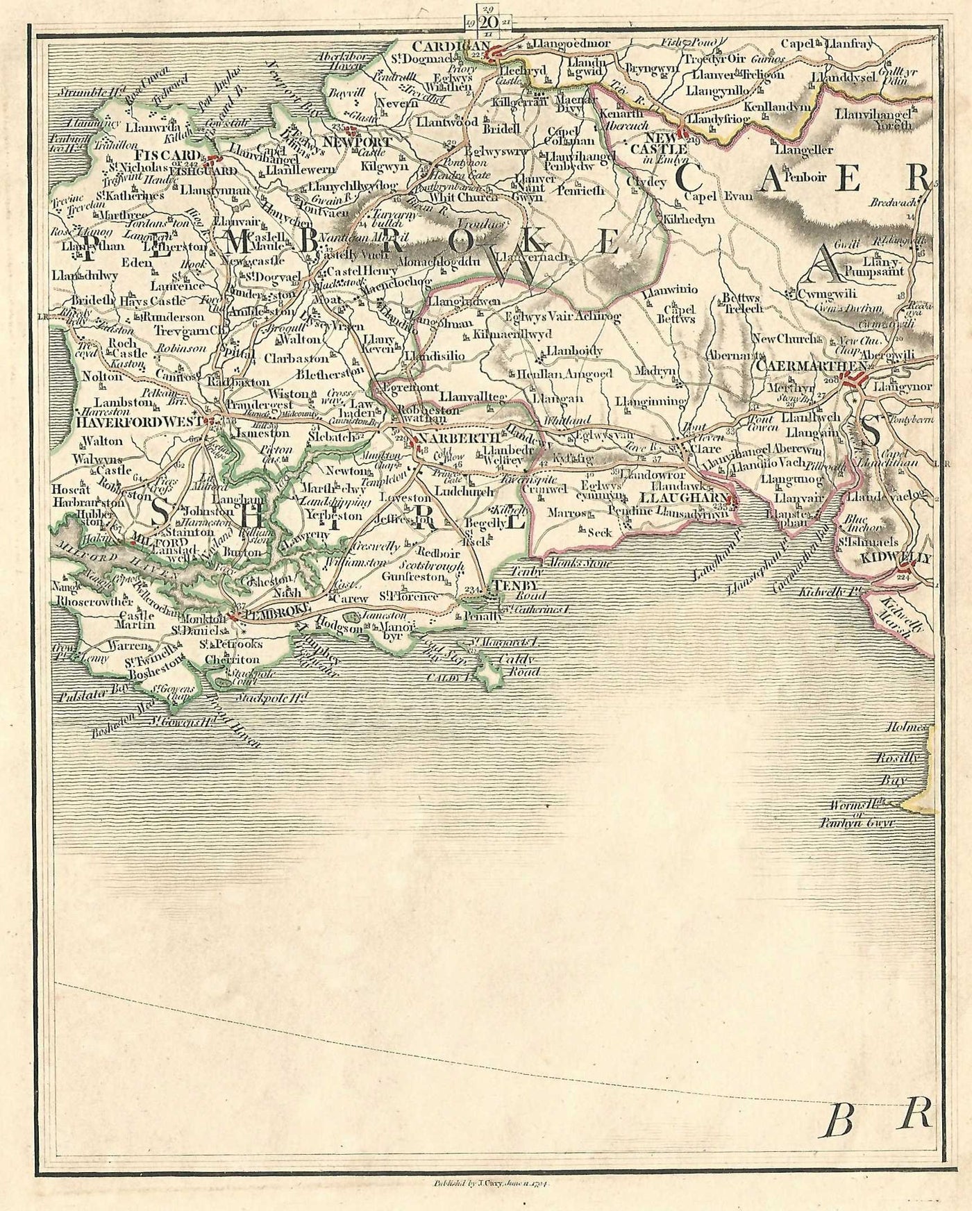 Pembroke Carmarthen Wales Cymru antique print published 1794