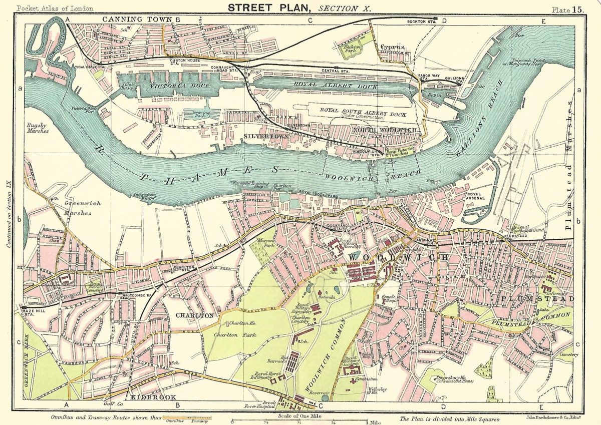 Woolwich and Royal Docks antique map 1914