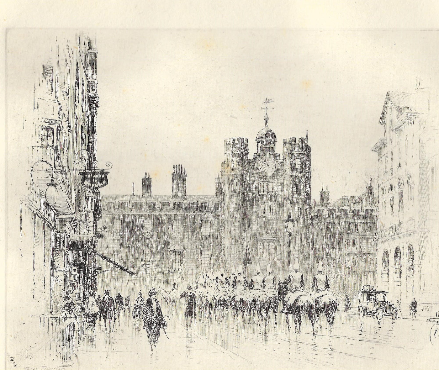 St James's Palace, London, Vintage etching by Percy Robertson. Published 1930.
