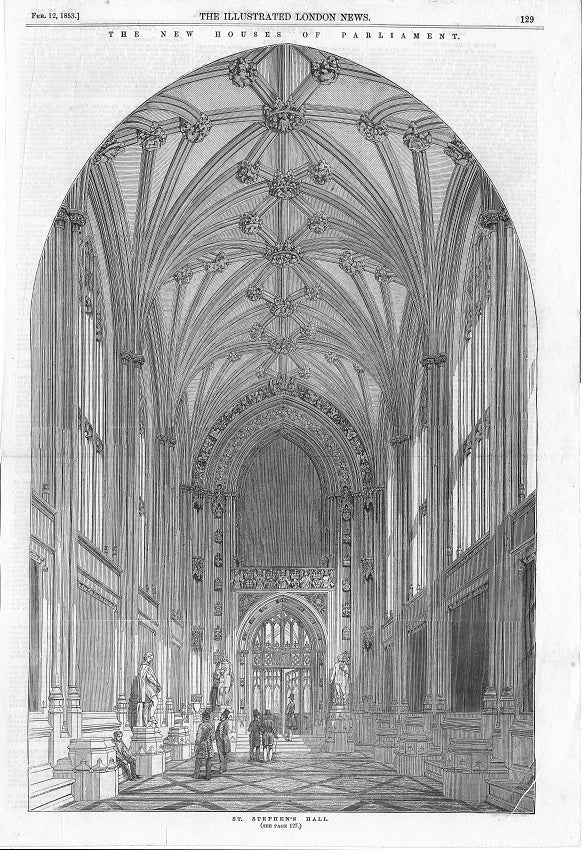 Houses of Parliament St Stephens Hall antique print 1853