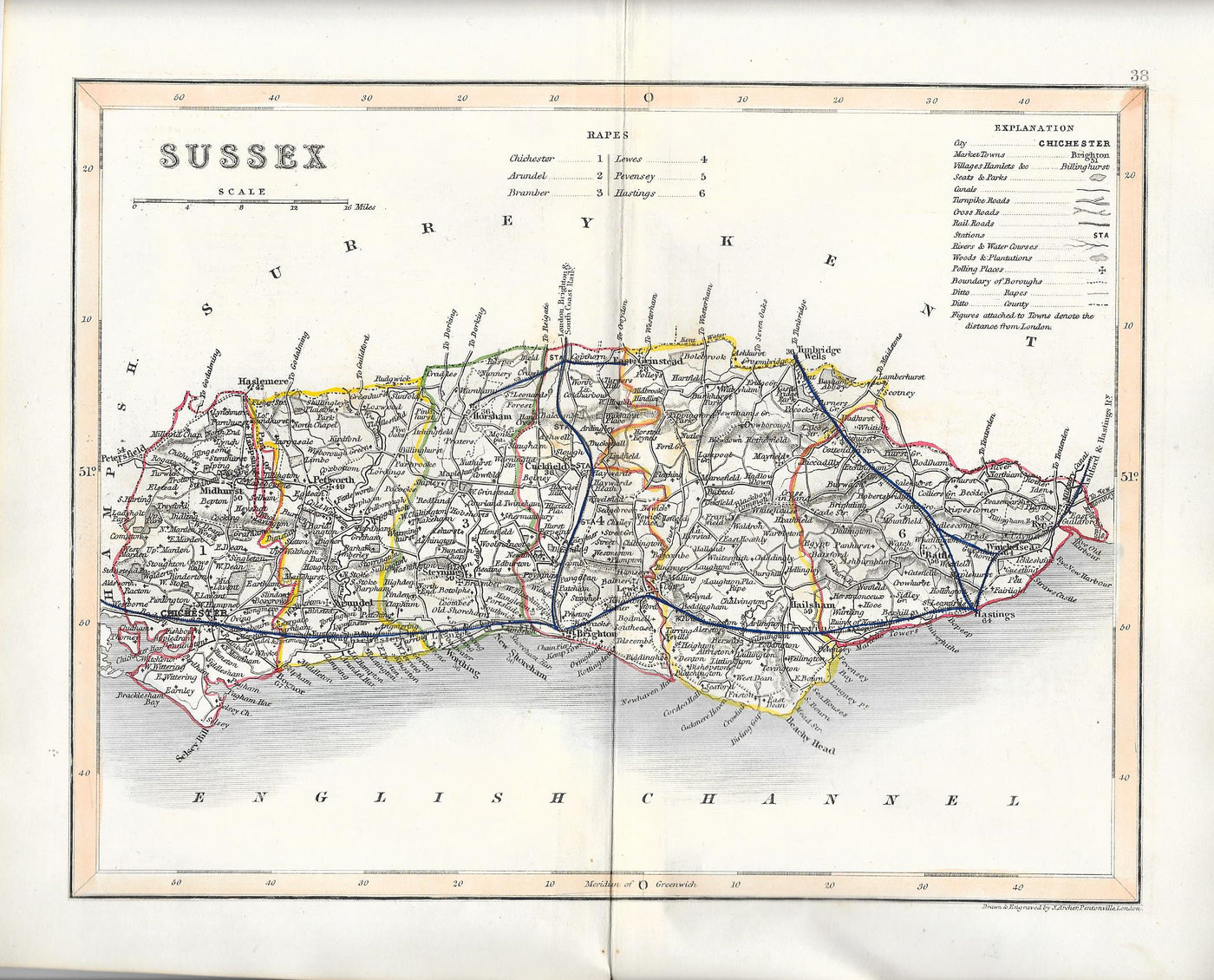 Sussex antique map published 1845