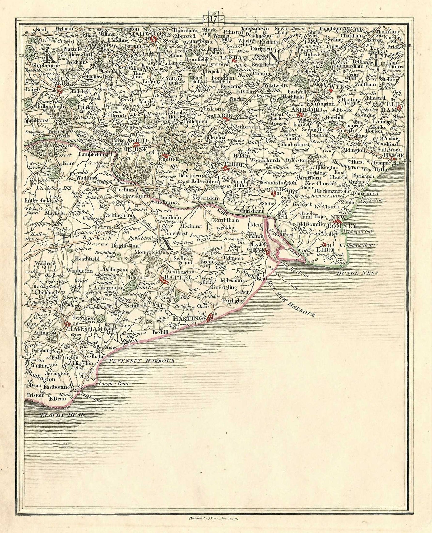 Sussex Kent Georgian antique map published 1794