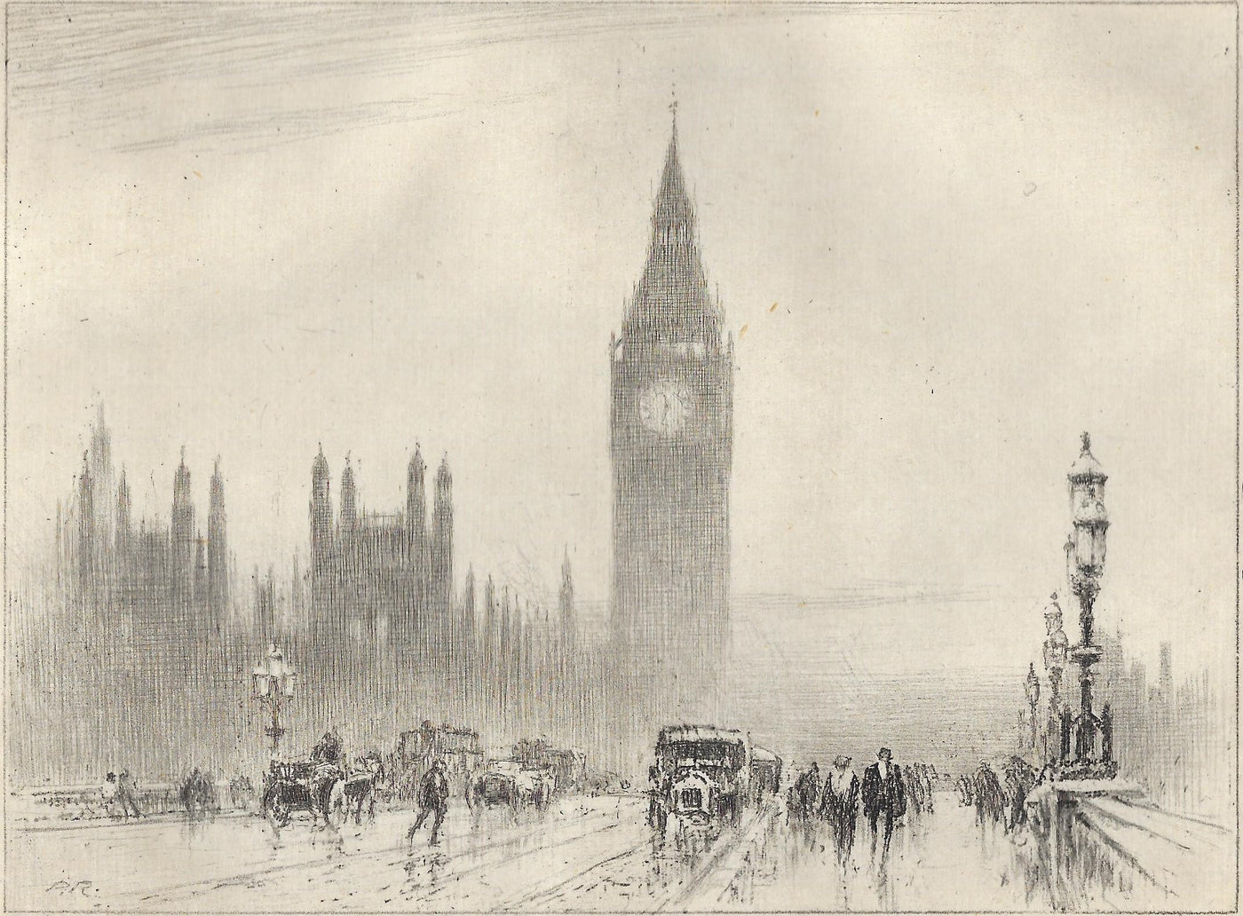 Westminster Bridge and Houses of Parliament London 1924 Vintage etching 1930