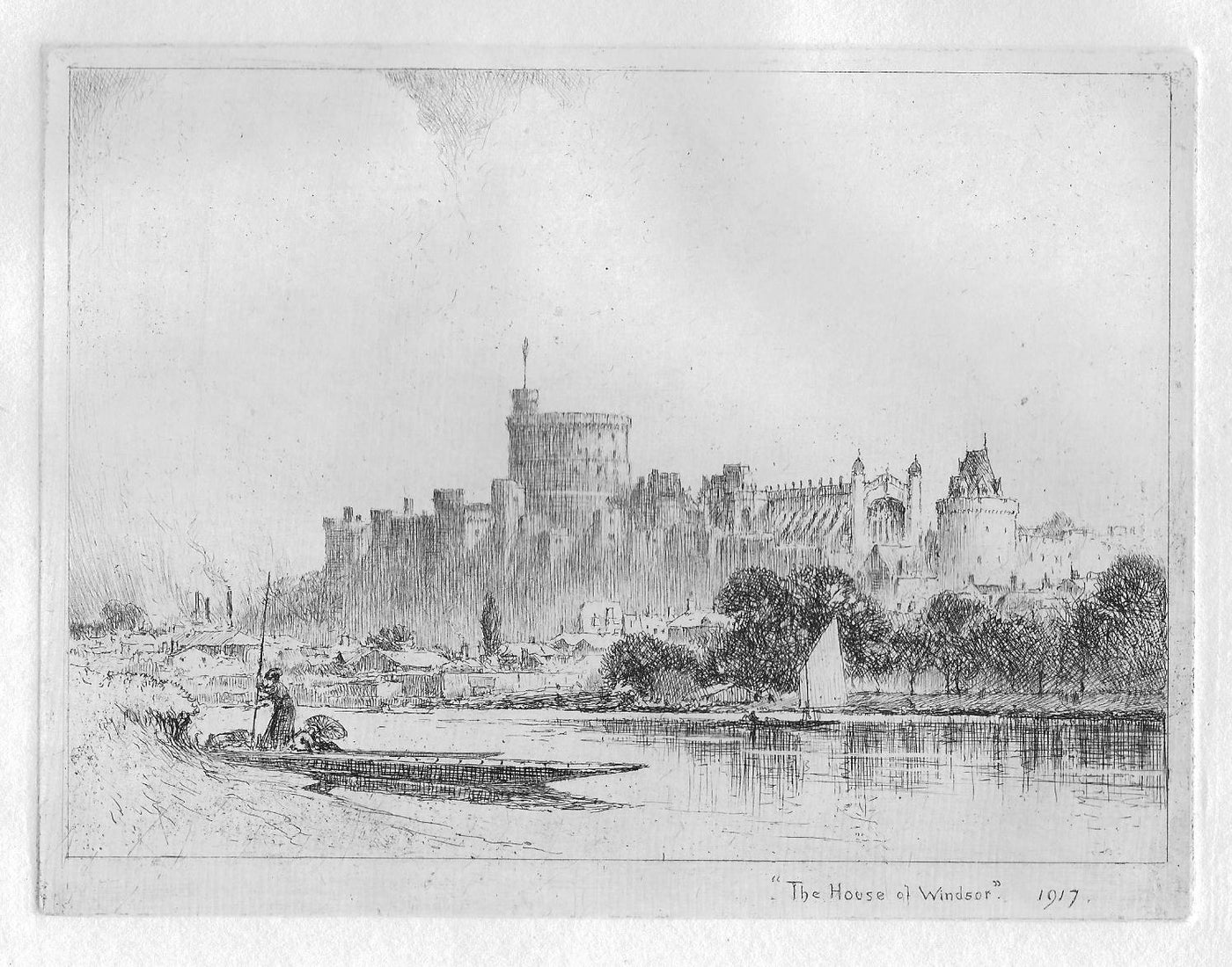 Windsor Castle, Berkshire, 1917. Vintage etching by Percy Robertson. Published 1930