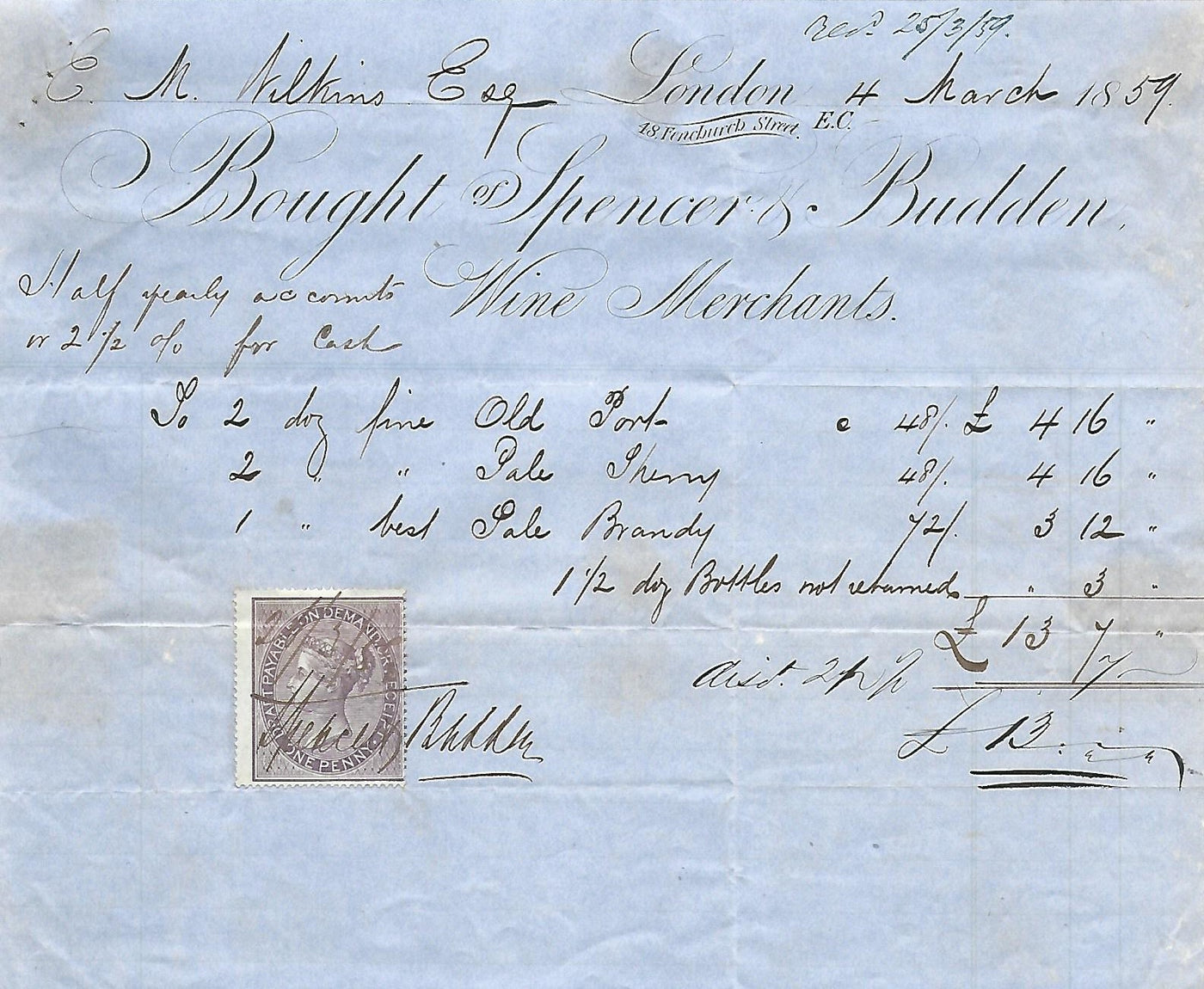 Wine Merchants Spencer &amp; Budden invoice dated 1859